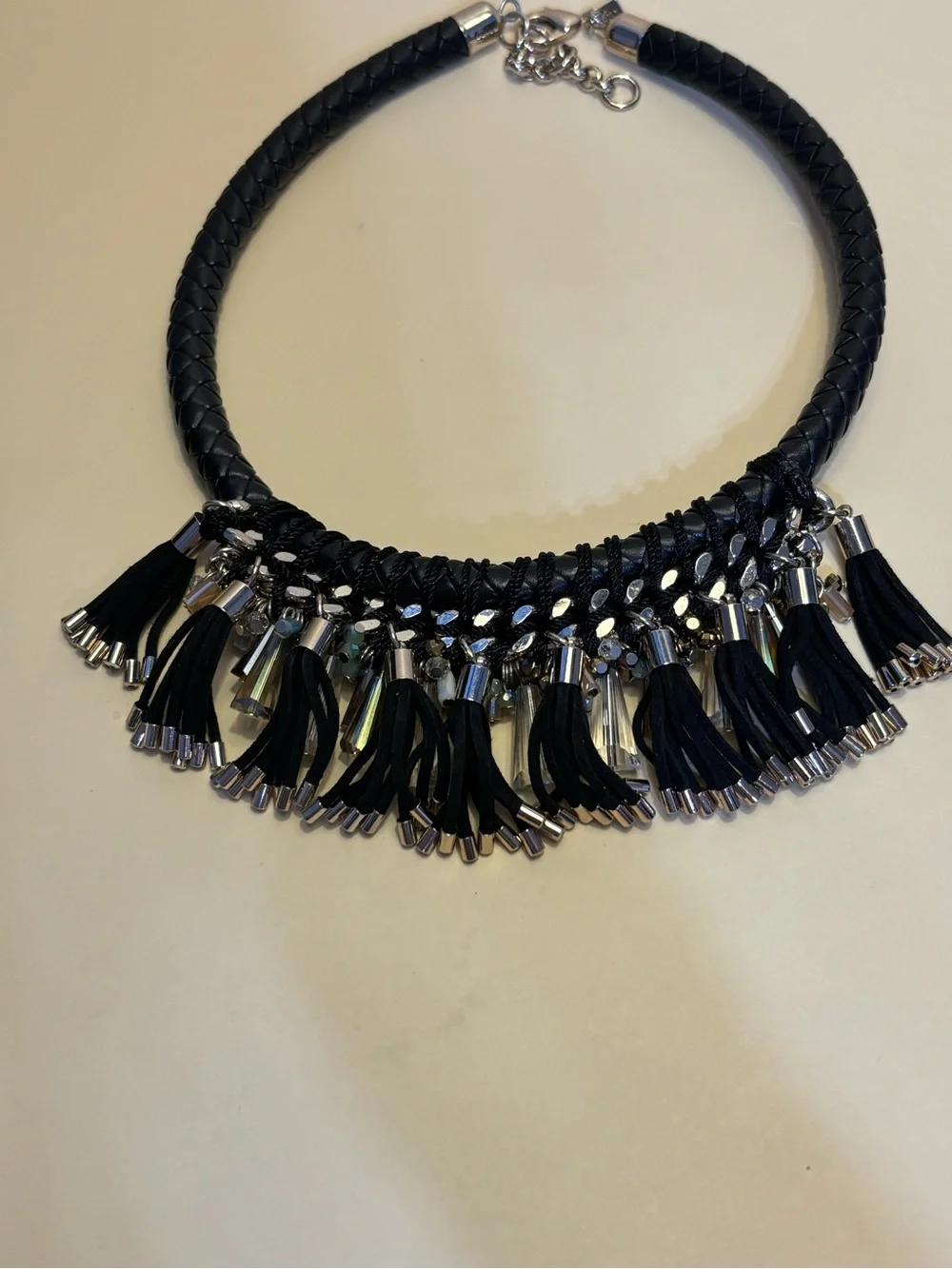 Banana Republic Black Tassel Crystal Statement Necklace 18”+2”